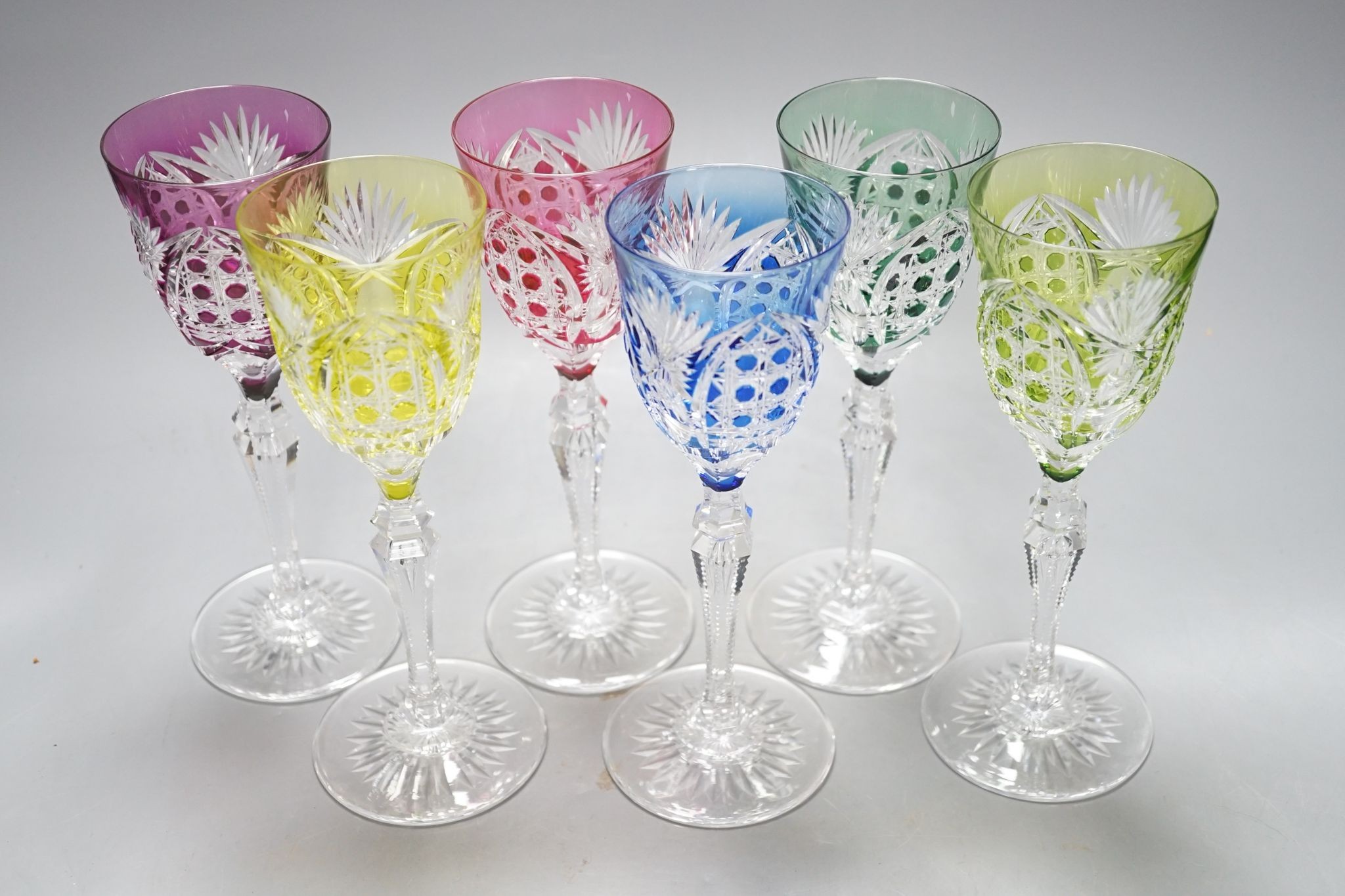 A harlequin set of 6 Val St Lambert colour flashed hock glasses, engraved marks, 21 cm high